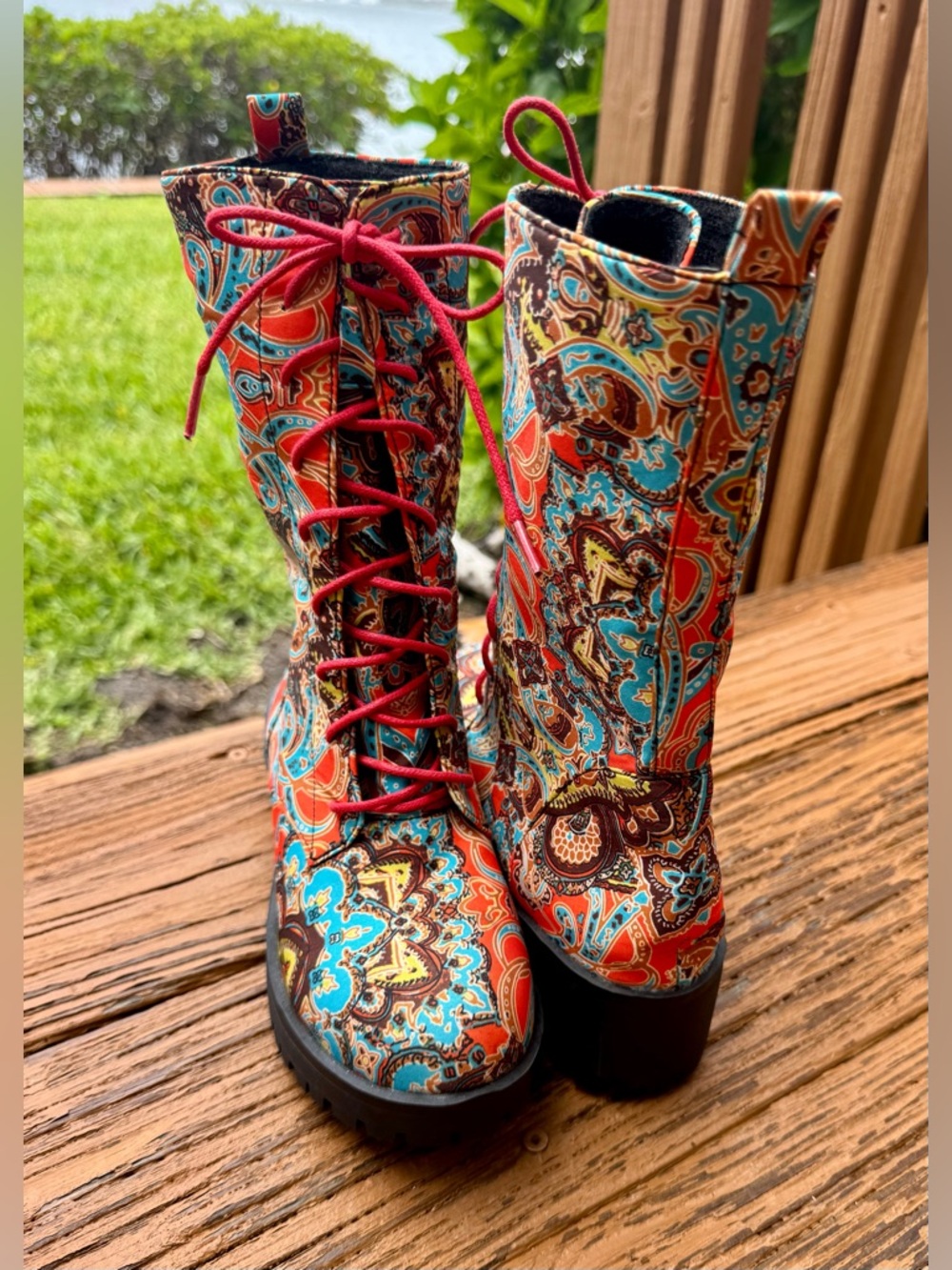 Womens Combat Boots Paisley Print Orange/Teal/Brown Red Laces Lightweight US 5M*